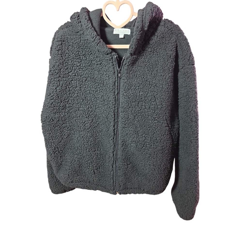 PJ Salvage Womens Sherpa Zip Up Hoodie Black Oversized Faux Fur Jacket Large NWT - Picture 9 of 9